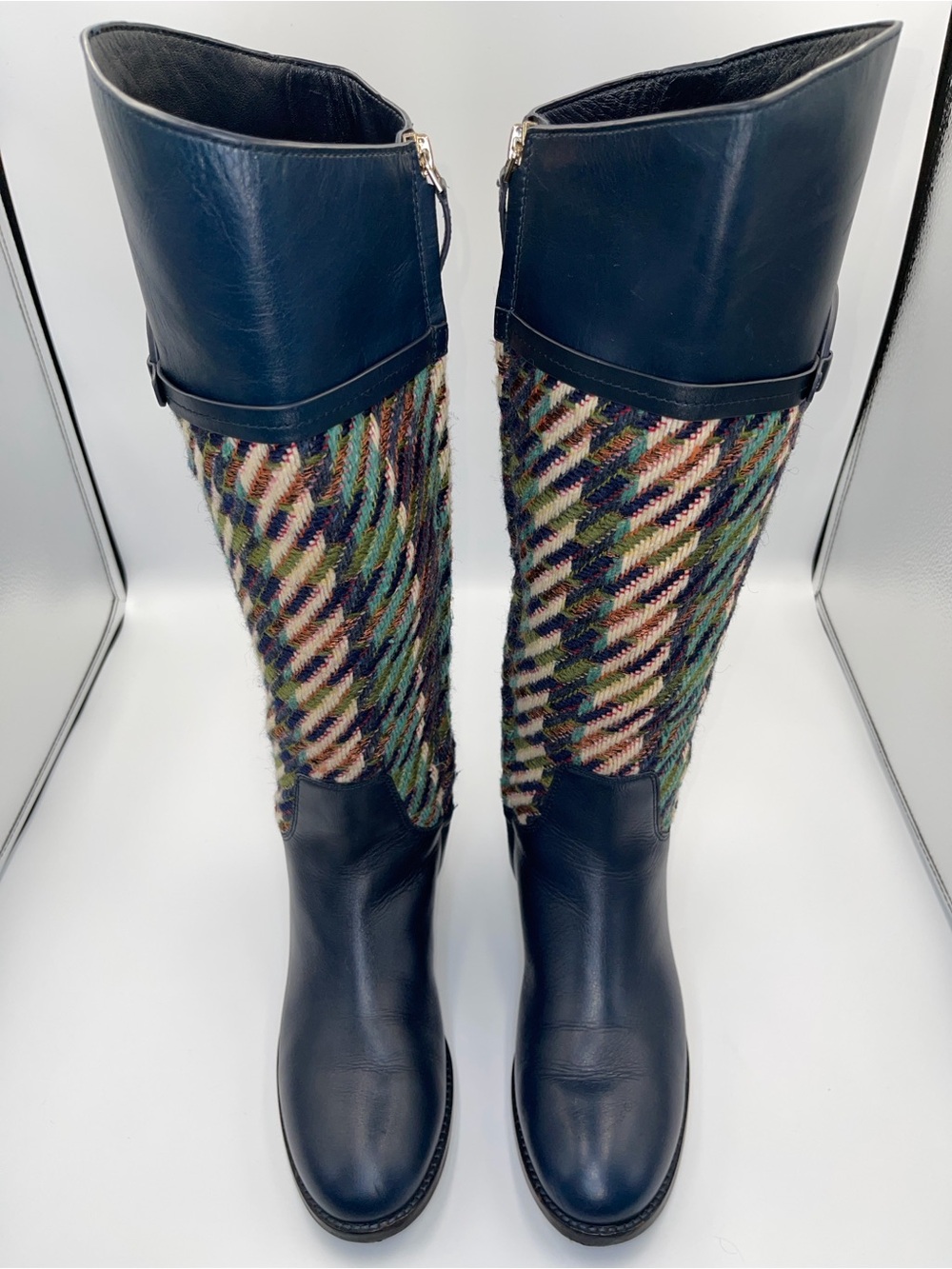 Tory Burch Navy Leather & Multicolor Knit Tall Boots